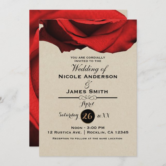 Red Rose Modern Rustic Kraft Glam Elegant Wedding Invitation (Front/Back)