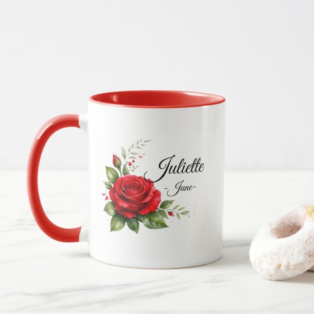 Red Rose Monogram Mug – June Birth Flower (With Donut)