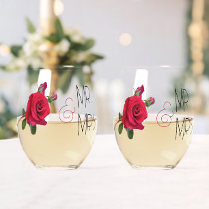 Red Rose Mr. and Mrs. Wedding Glassware Stemless Wine Glass
