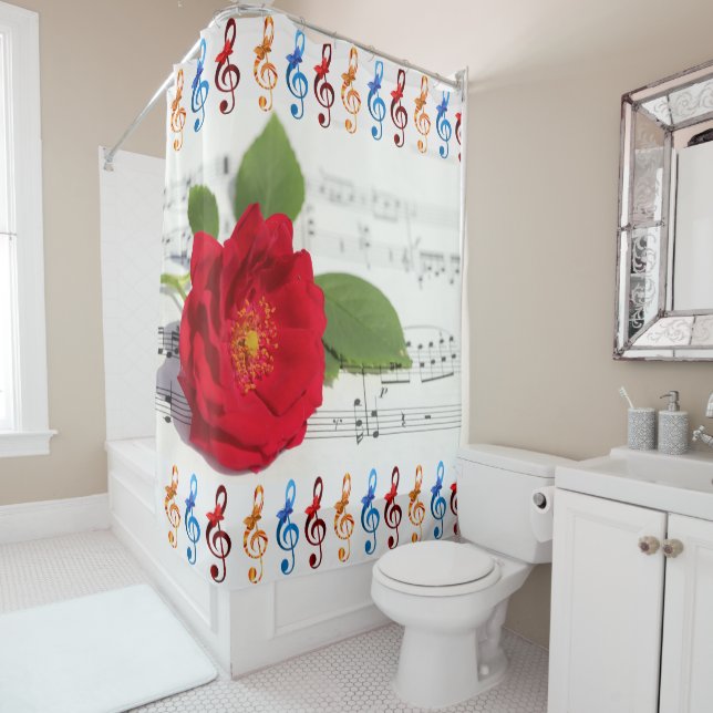 Red rose music notes shower curtain (In Situ)