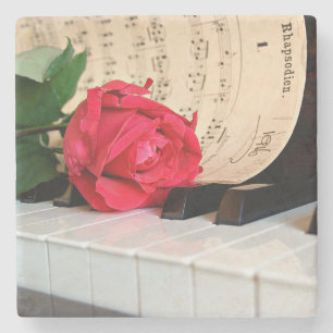 Red Rose Music Sheet and Piano Stone Coaster