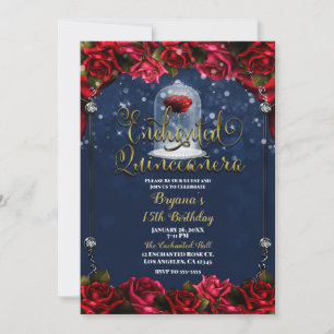 Red Rose Navy Blue Gold Enchanted Quinceañera 15 Invitation
