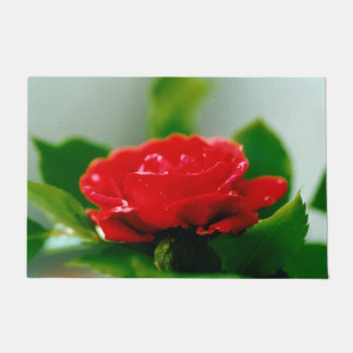 Red Rose of passion covered with dew drops   Doormat