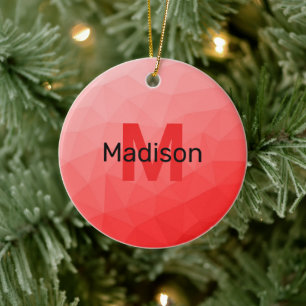 Red rose ombre geometric mesh pattern Monogram Ceramic Ornament
