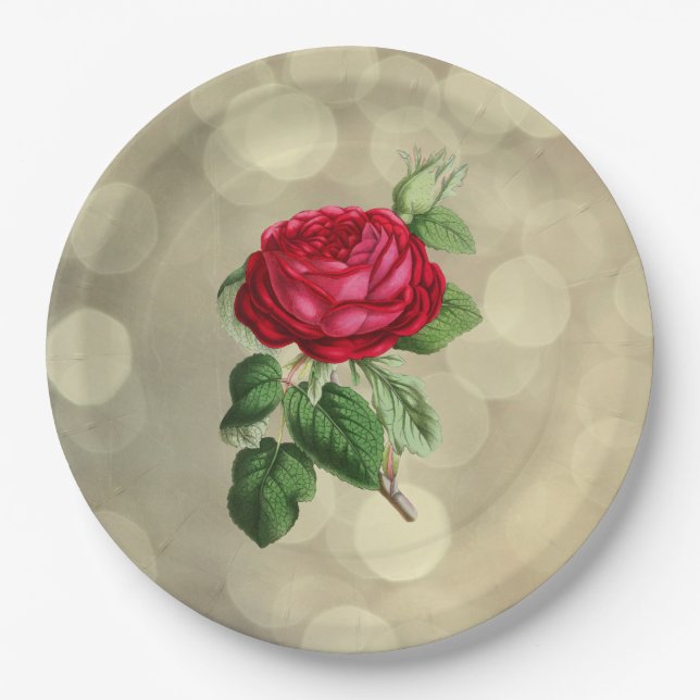 Red Rose on a Golden Bokeh Lights Background Paper Plate (Front)