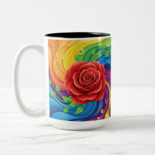 Red Rose on Abstract Rainbow Background Two-Tone Coffee Mug
