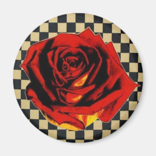Red Rose on Black and Beige Check Magnet
