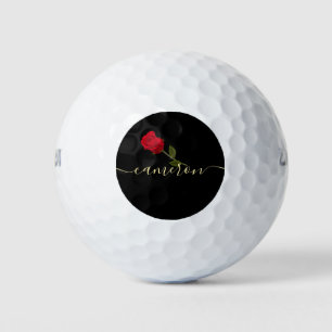 Red Rose On Black And Gold Monogramed  Golf Balls