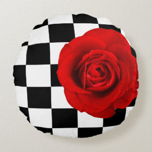 Red rose on black and white chequerboard  round cushion