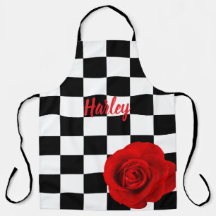 Red Rose on Black and White Chequered Background Apron