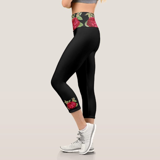 Red Rose on Black Floral  Capri Leggings (Left)