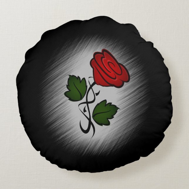 Red Rose on Black Round Cushion (Back)