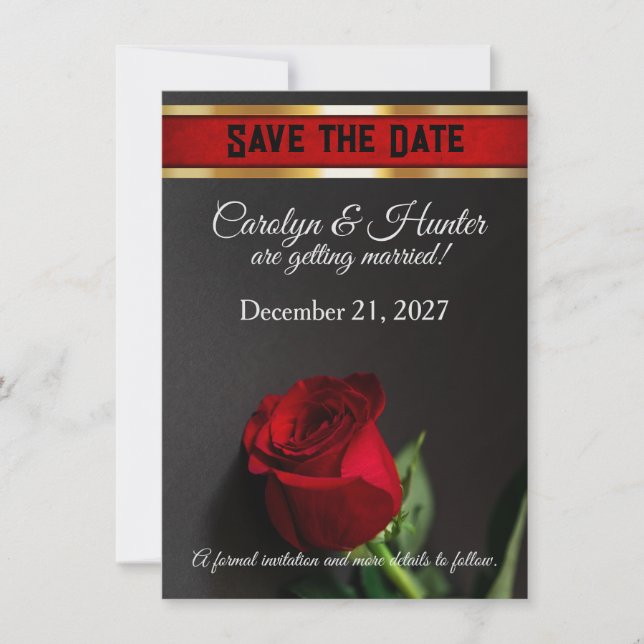 Red Rose on Black Wedding Save The Date (Front)