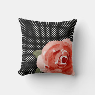 Red Rose on Black White Polka Dots Cushion