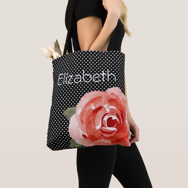 Red Rose on Black White Polka Dots Tote Bag (Close Up)