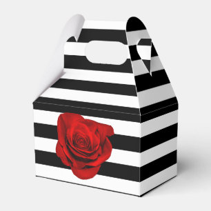 Red Rose on Black White Stripe Wedding Party Favou Favour Box