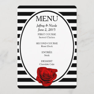 Red Rose on Black & White Stripes Wedding Menu