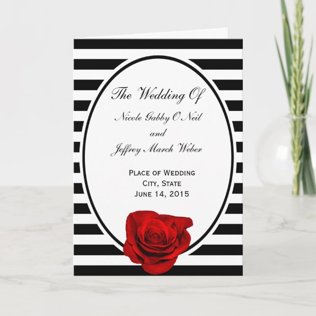 Red Rose on Black & White Stripes Wedding Program (Front)