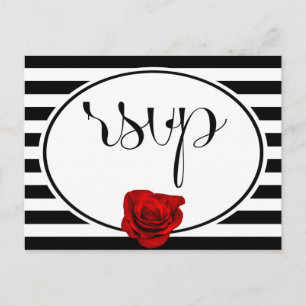 Red Rose on Black White Stripes Wedding RSVP Card