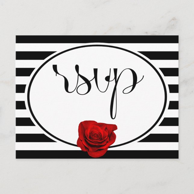 Red Rose on Black White Stripes Wedding RSVP Card (Front)