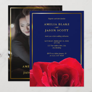 Red Rose on Deep Blue   Gold Frame Photo Wedding Invitation