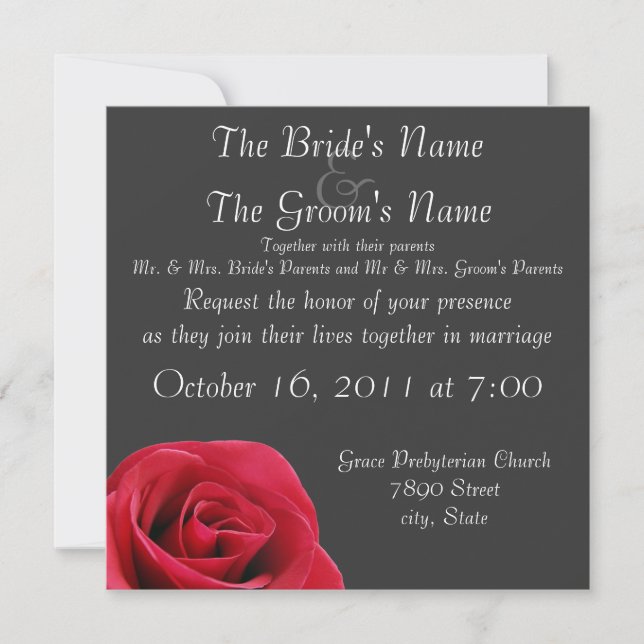 red rose on grey wedding invitations (Front)