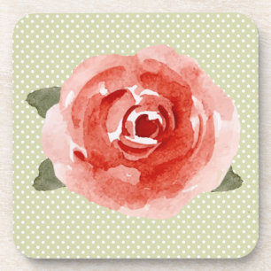 Red Rose on Lime Green and White Polka Dot Coaster