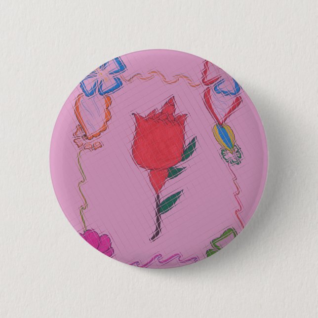 Red Rose on Pink: Floral Border Art Print/ Graphic 6 Cm Round Badge (Front)