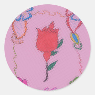 Red Rose on Pink: Floral Border Art Print/Graphic Classic Round Sticker