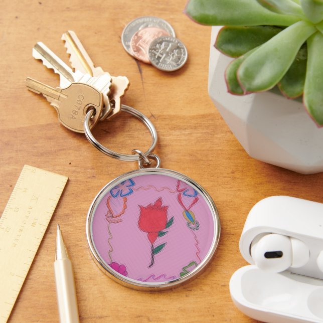 Red Rose on Pink: Floral Border Art Print/ Graphic Key Ring (Desk)