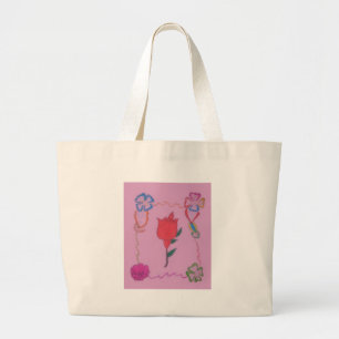 Red Rose on Pink: Floral Border Art Print/Graphic Large Tote Bag