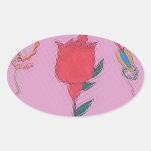 Red Rose on Pink: Floral Border Art Print/Graphic Oval Sticker