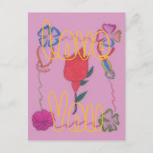 Red Rose on Pink: Floral Border Art Print/Graphic Postcard