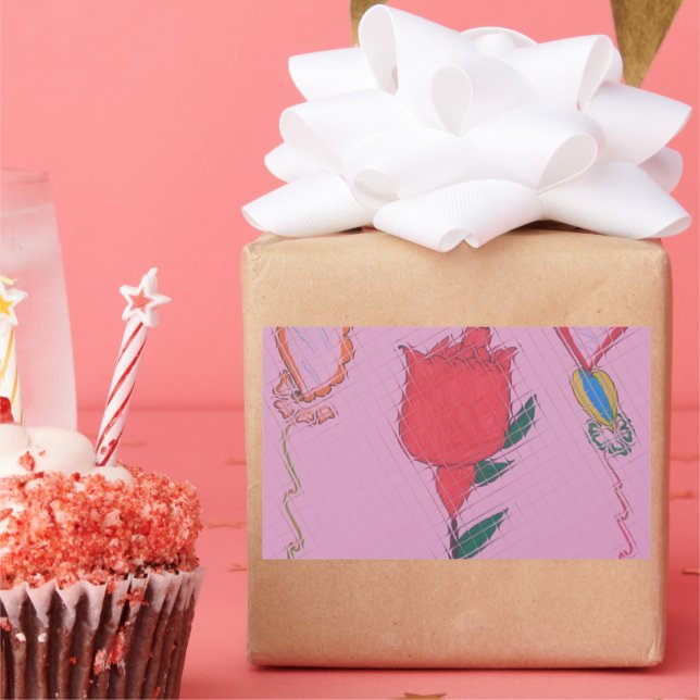Red Rose on Pink: Floral Border Art Print/Graphic Rectangular Sticker (Party)