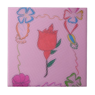 Red Rose on Pink: Floral Border Art Print/Graphic Tile