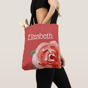 Red Rose on Red & White Polka Dots Tote Bag