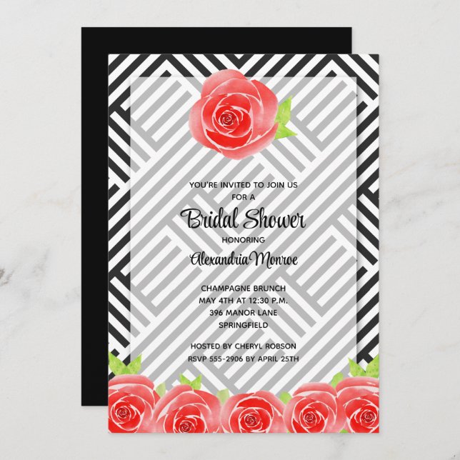 Red Rose on Stripes Bridal Shower Invitation (Front/Back)