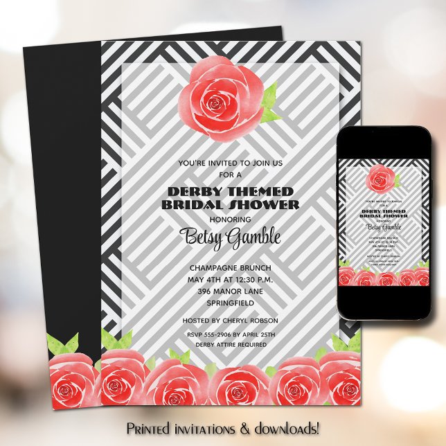 Red Rose on Stripes Derby Bridal Shower Invitation (Creator Uploaded)