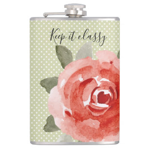 Red Rose on White and Lime Polka Dots Flask