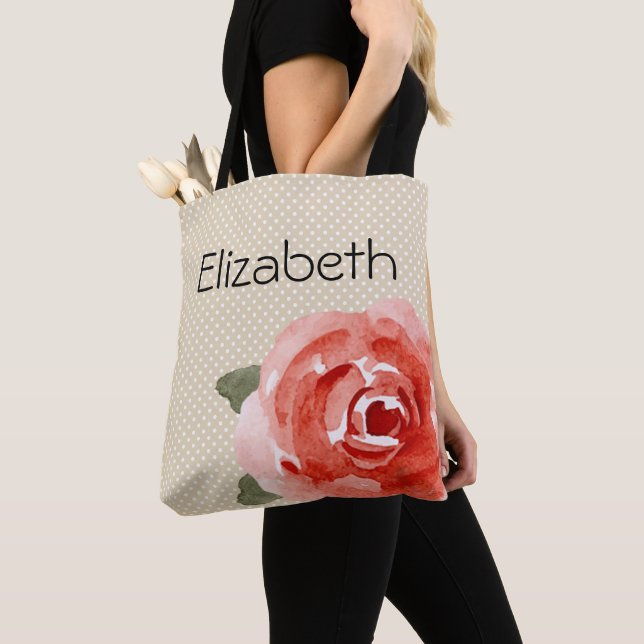 Red Rose on White & Ivory Polka Dots Tote Bag (Close Up)