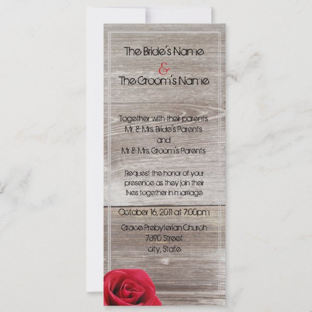 red rose on wood long wedding invitations (Front)