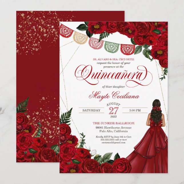 Red Rose & Papel Picado Quinceañera 15th Birthday  Invitation (Front/Back)