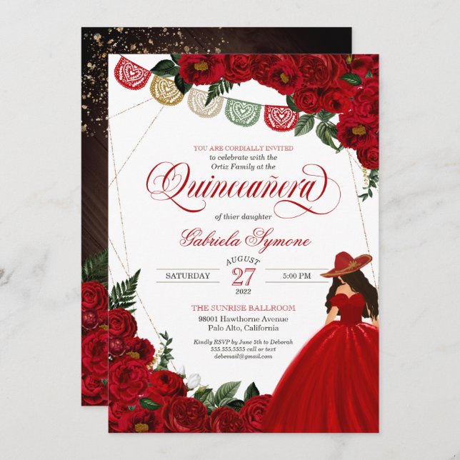 Red Rose Papel Picado Western Charra Quinceañera Invitation (Front/Back)