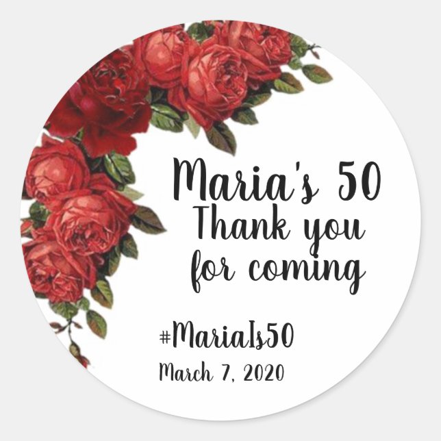 Red rose party favour sticker (Front)