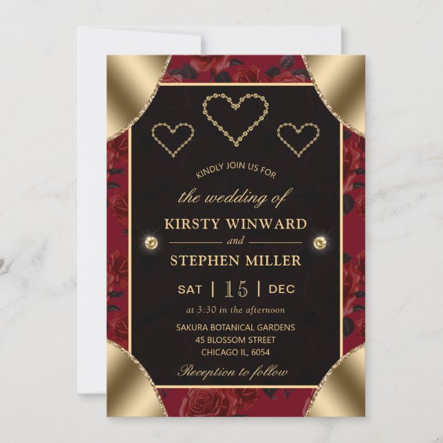 Red Rose Pattern and Gold Diamonds Wedding Invitation (Front)