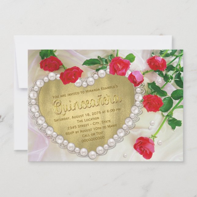Red Rose Pearl Heart Quinceañera Invitation (Front)