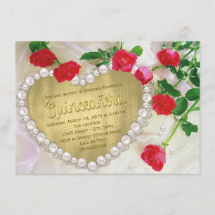 Red Rose Pearl Heart Quinceañera Invitation