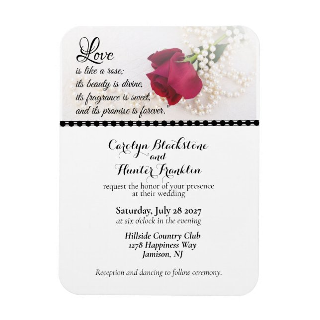 Red Rose & Pearls Wedding Magnet (Vertical)