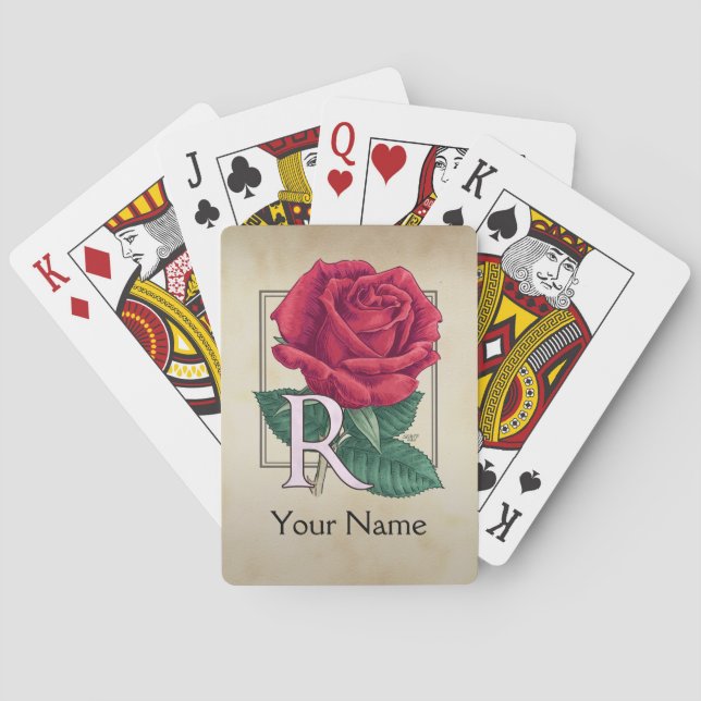 Red Rose Personalized Monogram Playing Cards (Back)