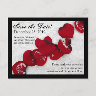 Red Rose Petals in Snow, Winter Wedding Announcement Postcard